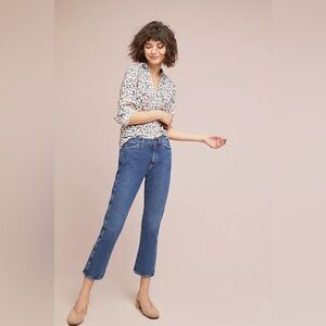 Anthropologie Maeve Rochelle Butterfly Print Button Down Blouse in White Size 12